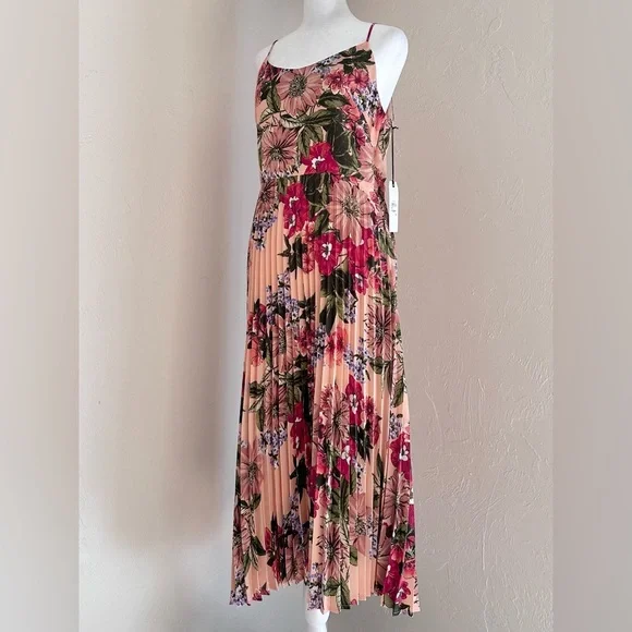 NWT Leith Coral and Pink Floral Midi Dress with Pleated Skirt M - Picture 3 of 15